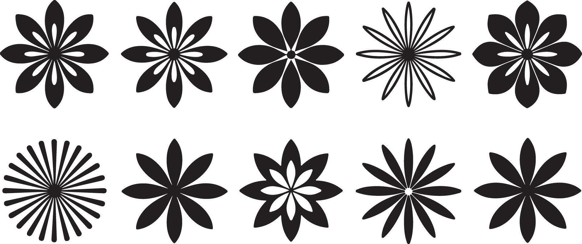 Twelve Black and White Floral Designs Set Traced Graphic Illustrations Simple Geometric Flower Shapes Monochrome Botanical Elements for Print vector