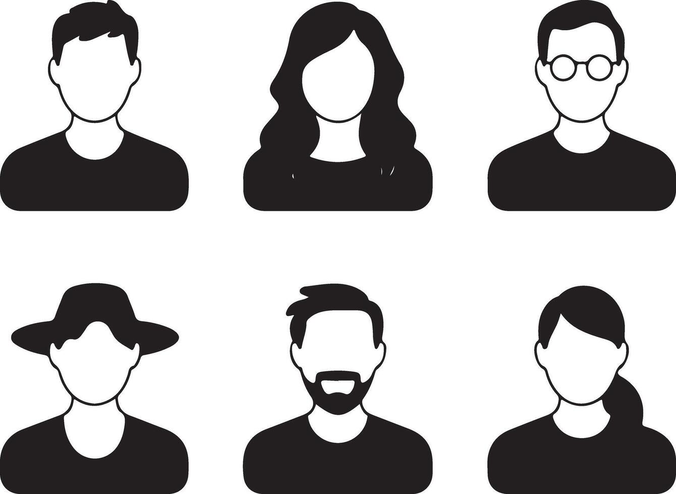 Six Black and White Simple Traced Silhouettes of People with Varying Hairstyles and Accessories Including a Hat and Glasses on a White Background vector