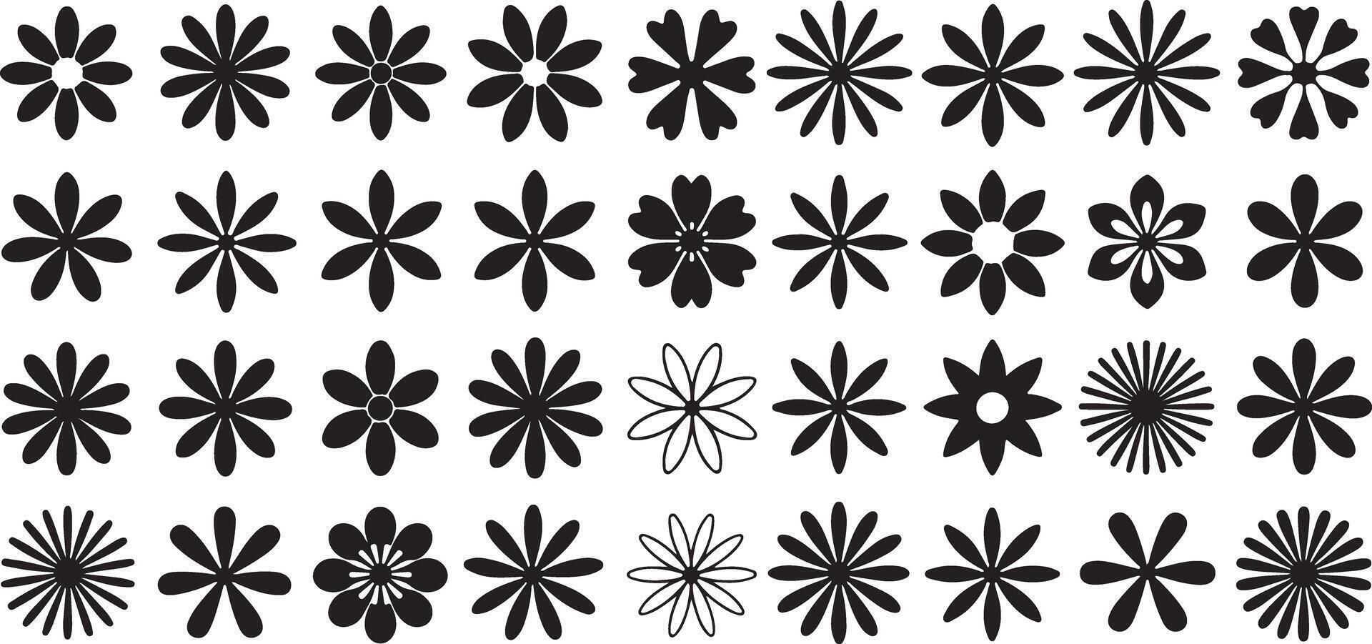 Thirty Six Black Silhouette Flower Designs Varied Petals Shapes and Sizes Simple Floral Graphics Set vector