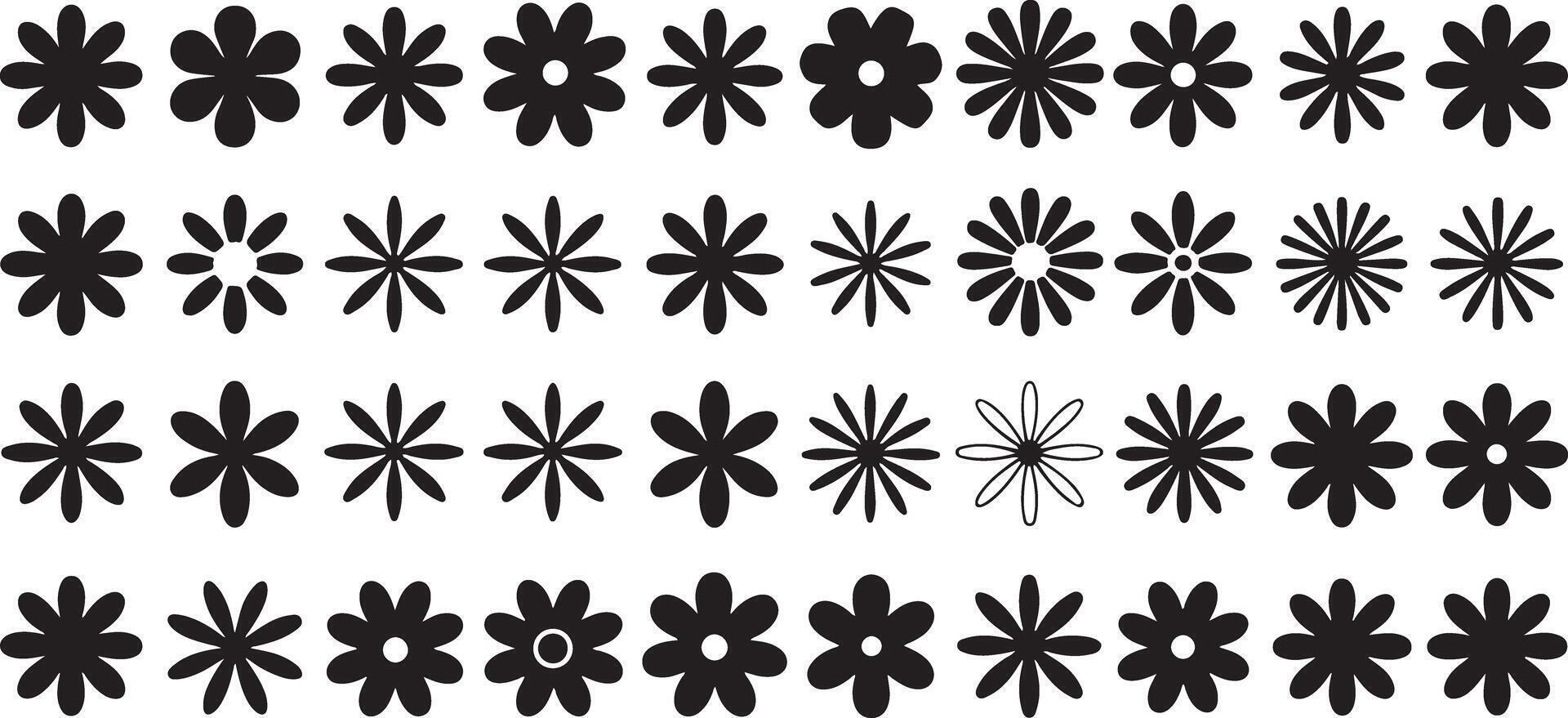 Black Silhouette Flower Designs Set Various Styles Simple Floral Elements Graphic Pattern Repeating Row Black and White Minimalist Botanical Illustration vector