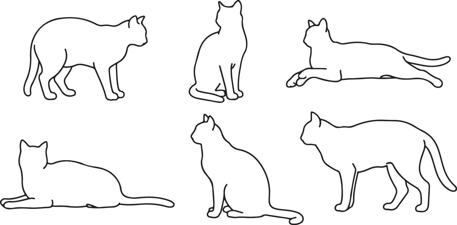 Six Black Line Drawings of Cats in Various Poses White Background Simple Minimalist Pet Animal Illustrations vector