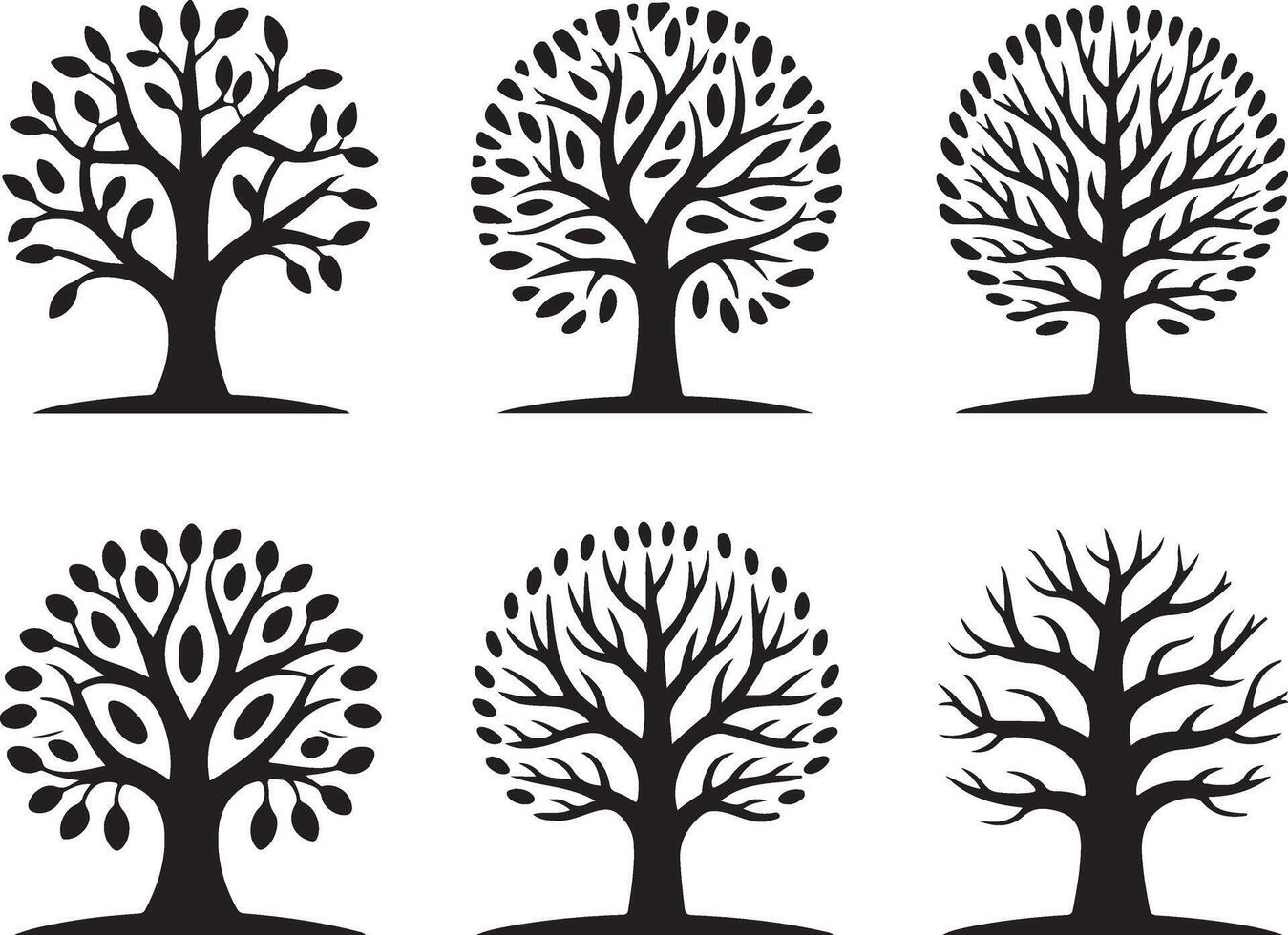 Six Black Silhouette Tree Illustrations Various Stages Leaf Growth Spring Summer Autumn Winter Bare Branches Stylized Nature Graphic Design Elements vector