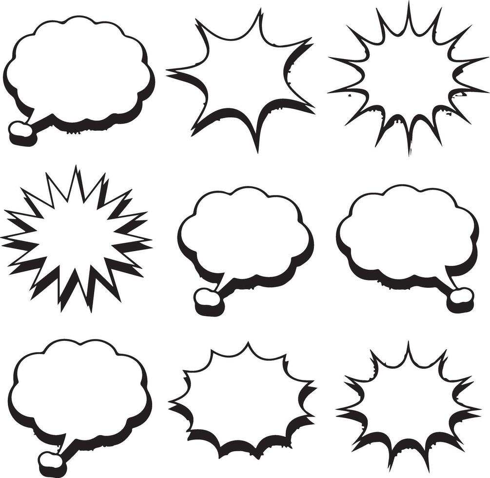 Nine Black and White Comic Book Style Speech Bubbles and Starburst Shapes Illustration Set Blank Templates for Text Design Elements vector