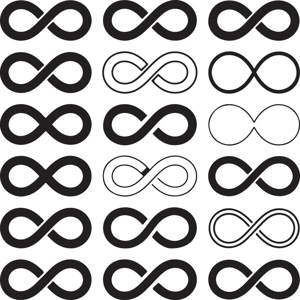 Black and White Infinity Symbol Variations Graphic Set Multiple Thicknesses and Styles Lemniscate Loop Designs for Branding and Design Projects vector