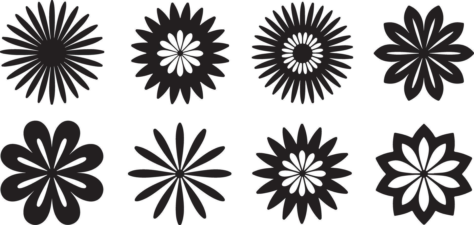 Twelve Black and White Traced Floral Designs Set Simple Geometric Flower Icons Black White Flower Set Graphic Elements for Design Projects vector
