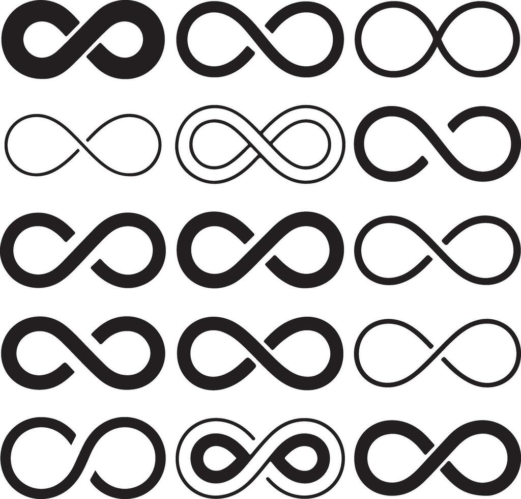 Black and White Infinity Symbols Collection Various Line Weights and Styles Set of Fifteen Lemniscate Icons Graphic Design Elements vector