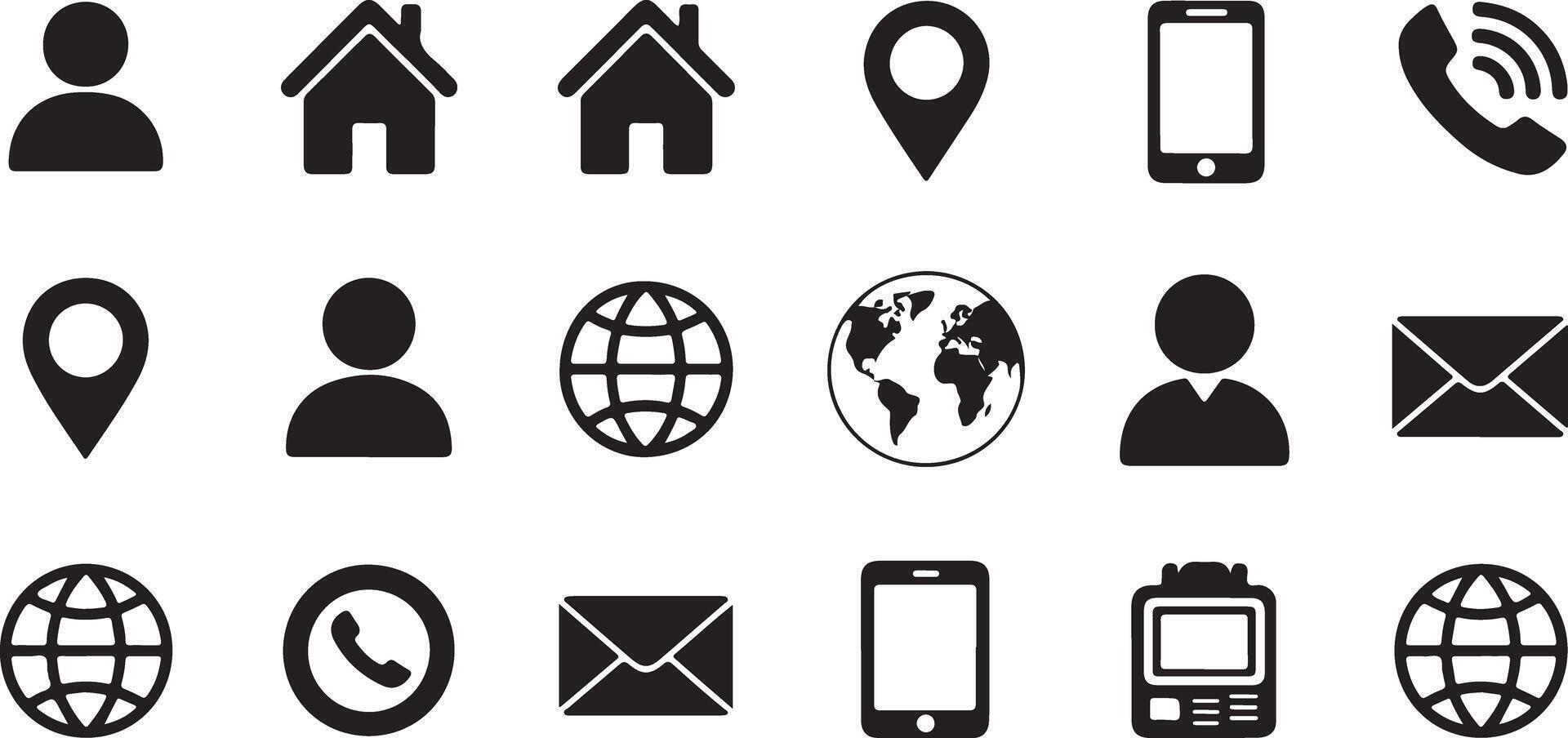 Black Silhouette Contact Icons Set Website Mobile Phone Email Globe Map Location User Profile Home Address Communication Symbols Glyphs vector