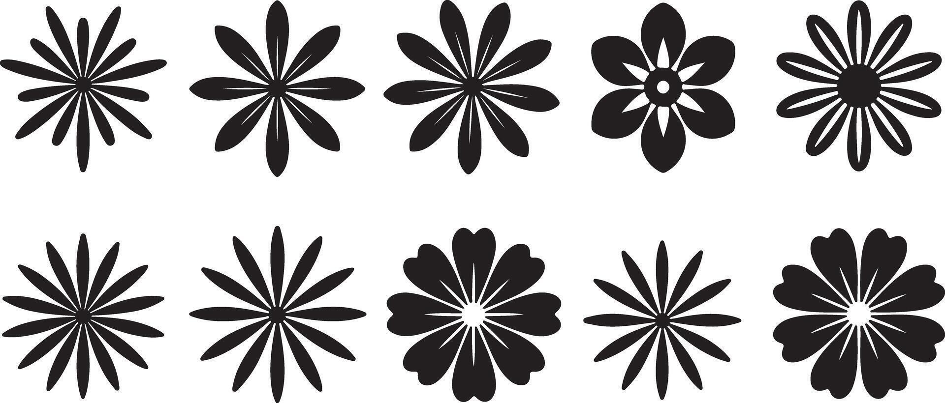 Twelve Black Silhouettes of Stylized Flowers Arranged in Two Horizontal Rows on White Background Simple Floral Designs Set Graphics vector