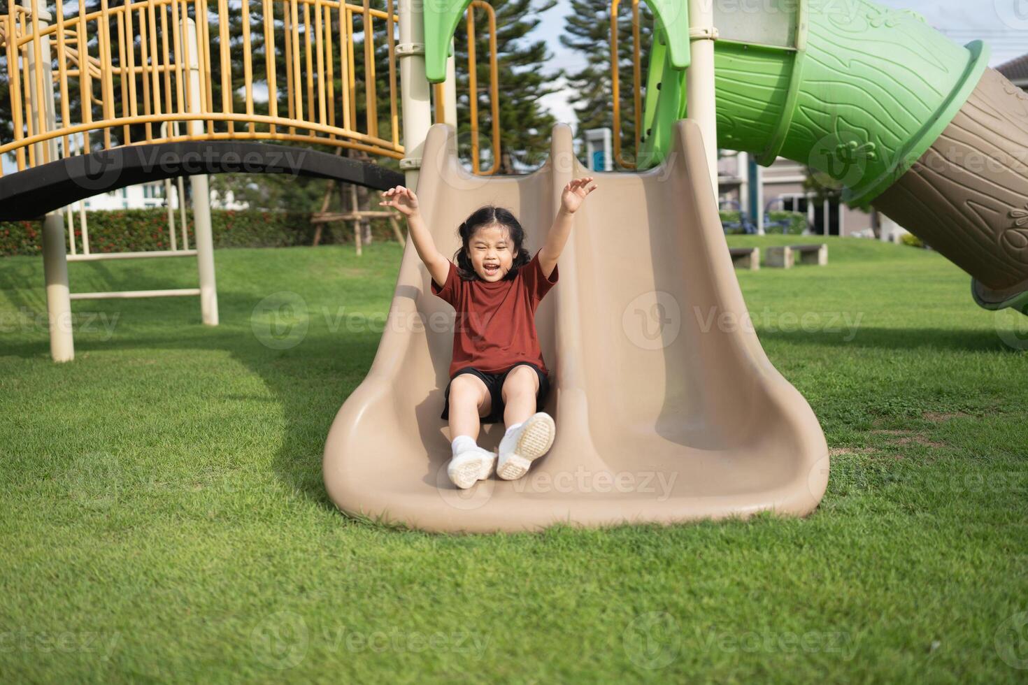 Excited Child Sliding Down Playground Slide with Arms Raised in Joy at Play Area on a Sunny Day Surrounded by Green Grass and Trees photo