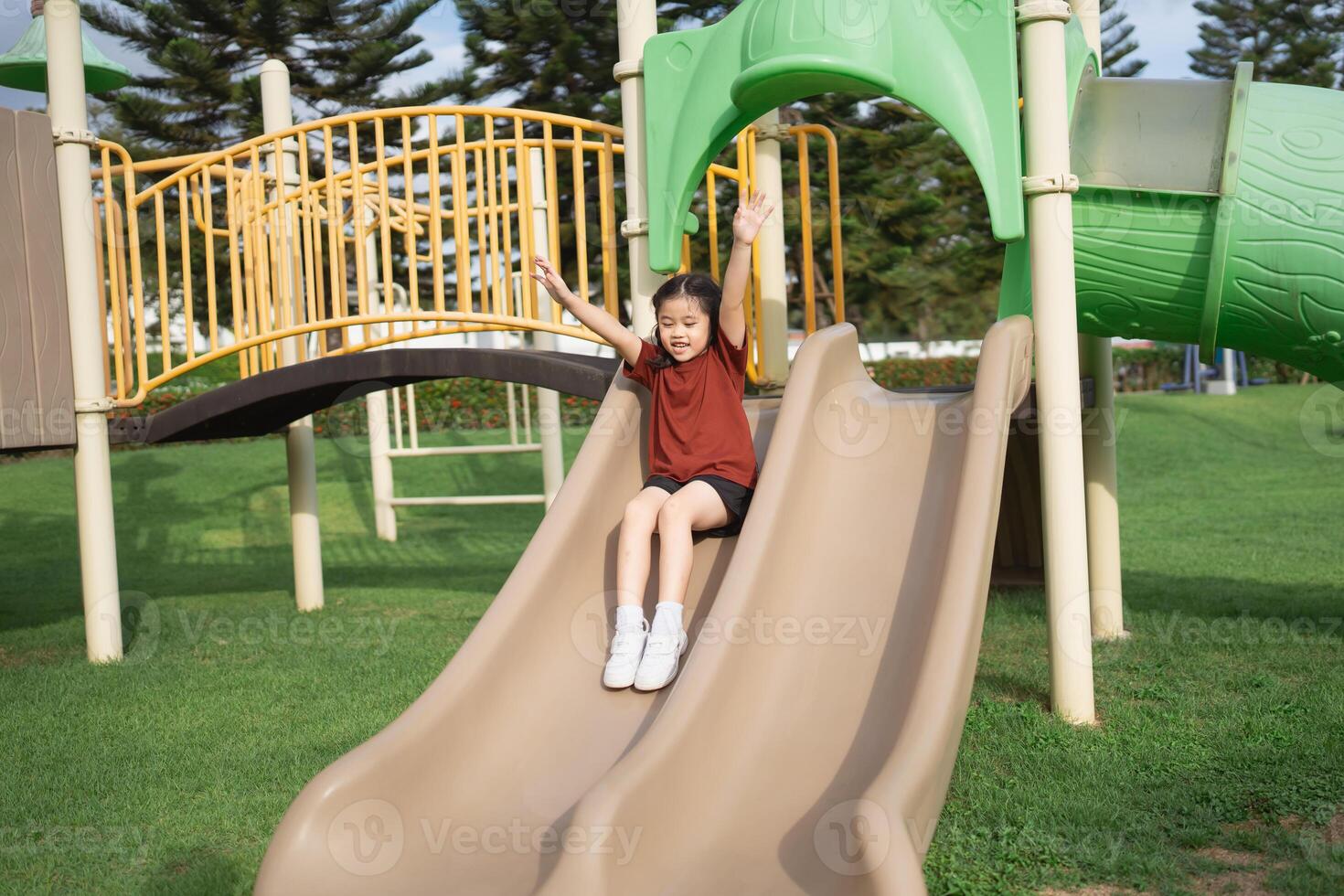 Joyful Child Sliding Down Playground Slide with Excitement in Sunny Outdoor Environment Surrounded by Trees and Play Structures photo