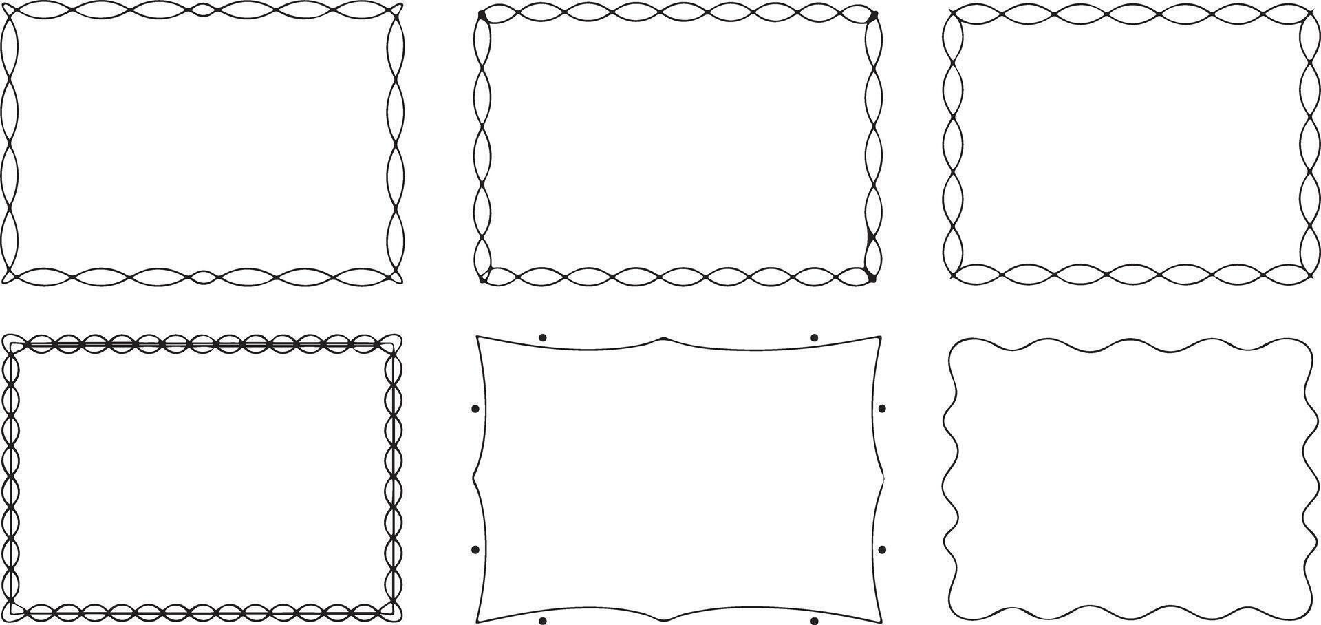 Six Black and White Traced Decorative Frames with Varied Border Designs Square Rectangular and Wavy Line Patterns Empty White Centers for Text or Images vector