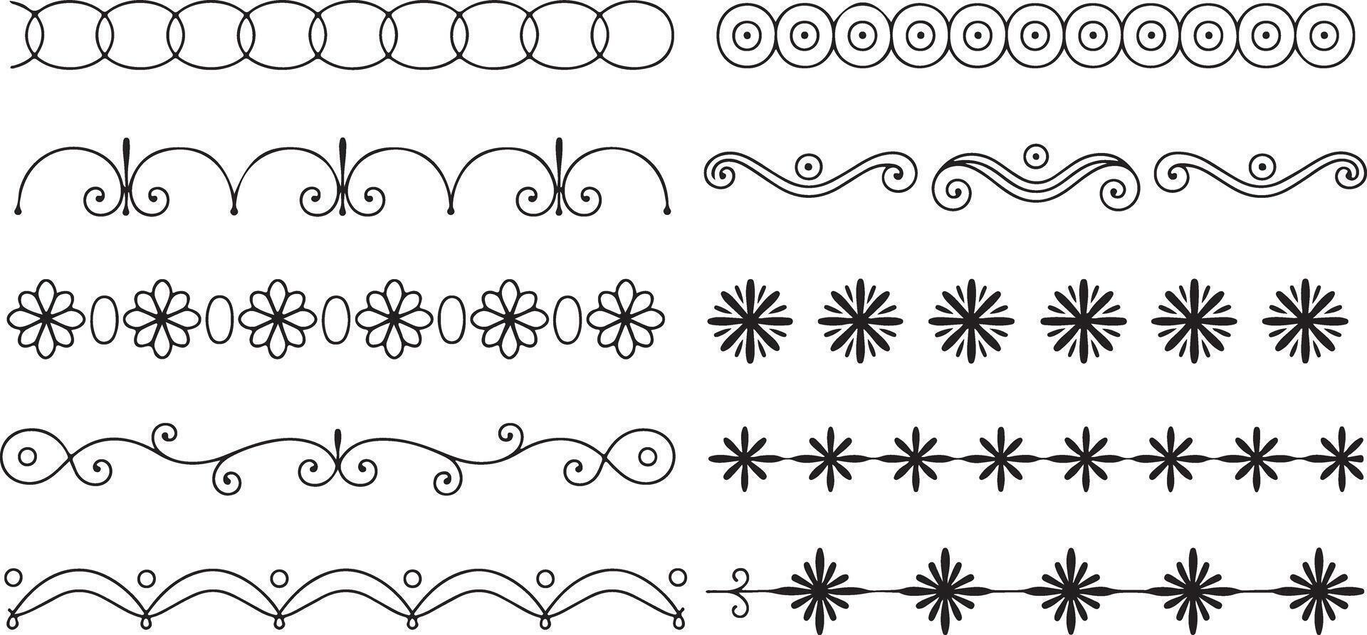 Eight Black Silhouette Traced Decorative Borders Featuring Circles Flowers Swirls and Geometric Patterns on White Background vector