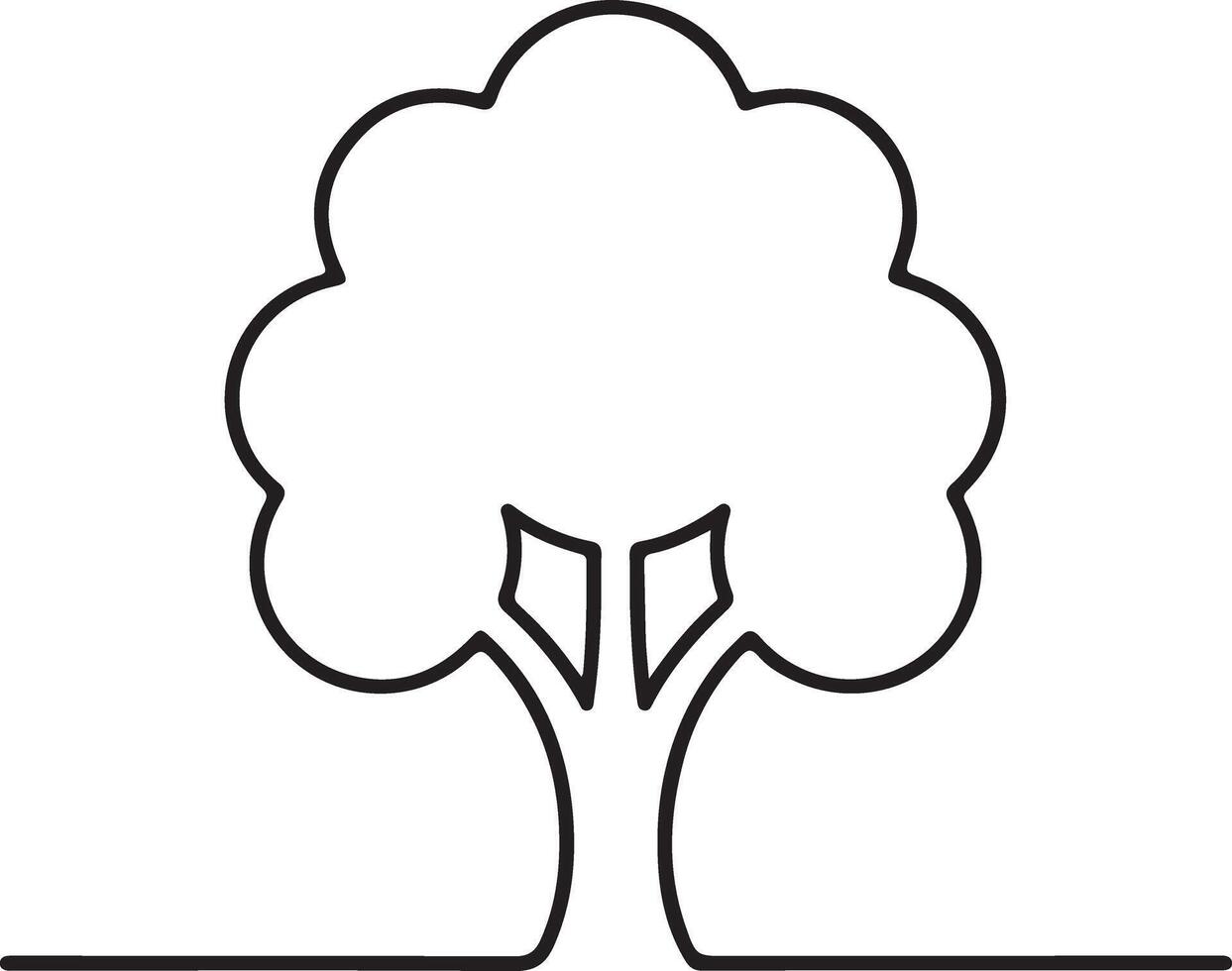 Black Line Art Silhouette Traced Image of a Single Deciduous Tree with a Full Rounded Crown and a Simple Trunk on a White Background vector