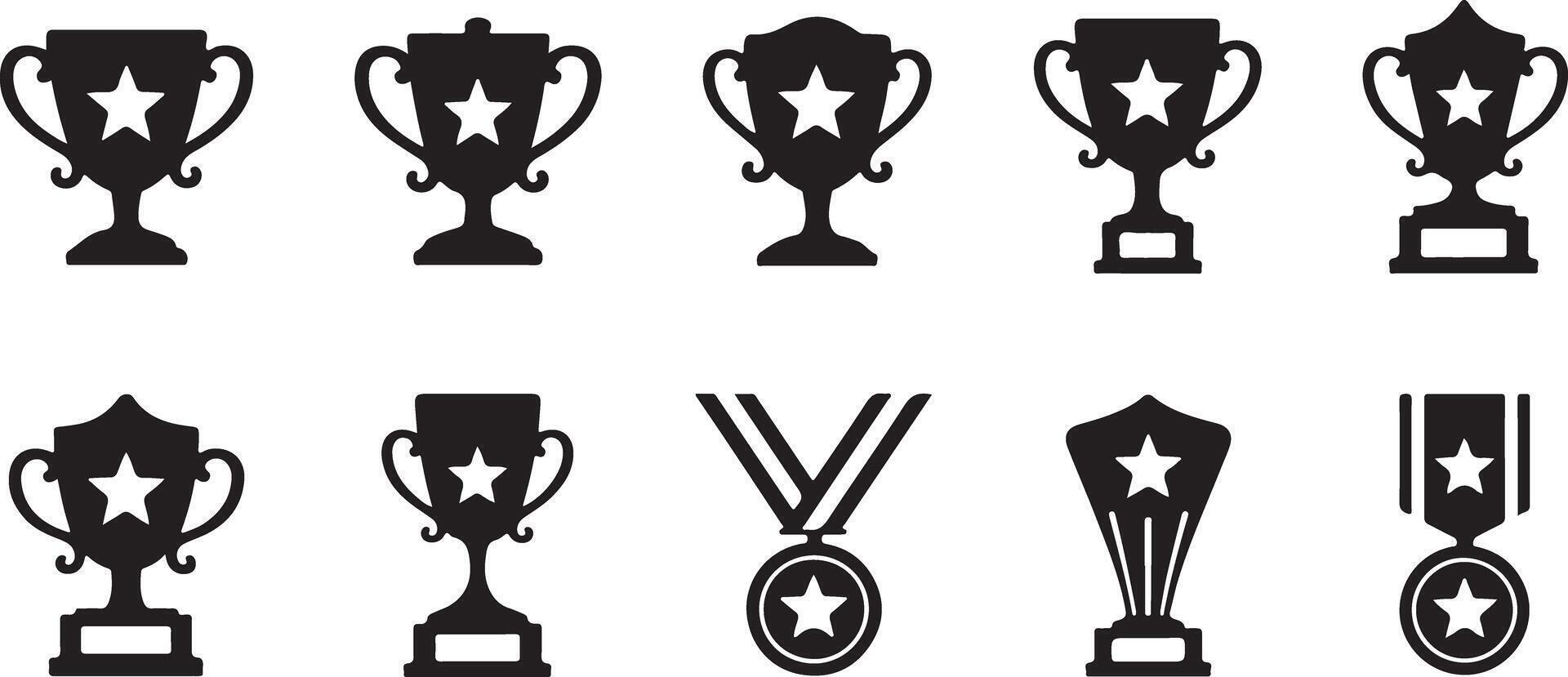 Black Silhouettes of Various Award Trophies and Medals Featuring a Central Star Design on a White Background Collection of Ten Achievement Icons vector