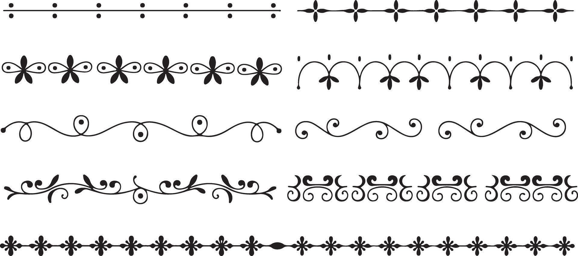 Eight Black Silhouette Traced Decorative Borders Set Floral Swirls Dots and Flowers Design Elements for Invitations Cards Scrapbooking vector