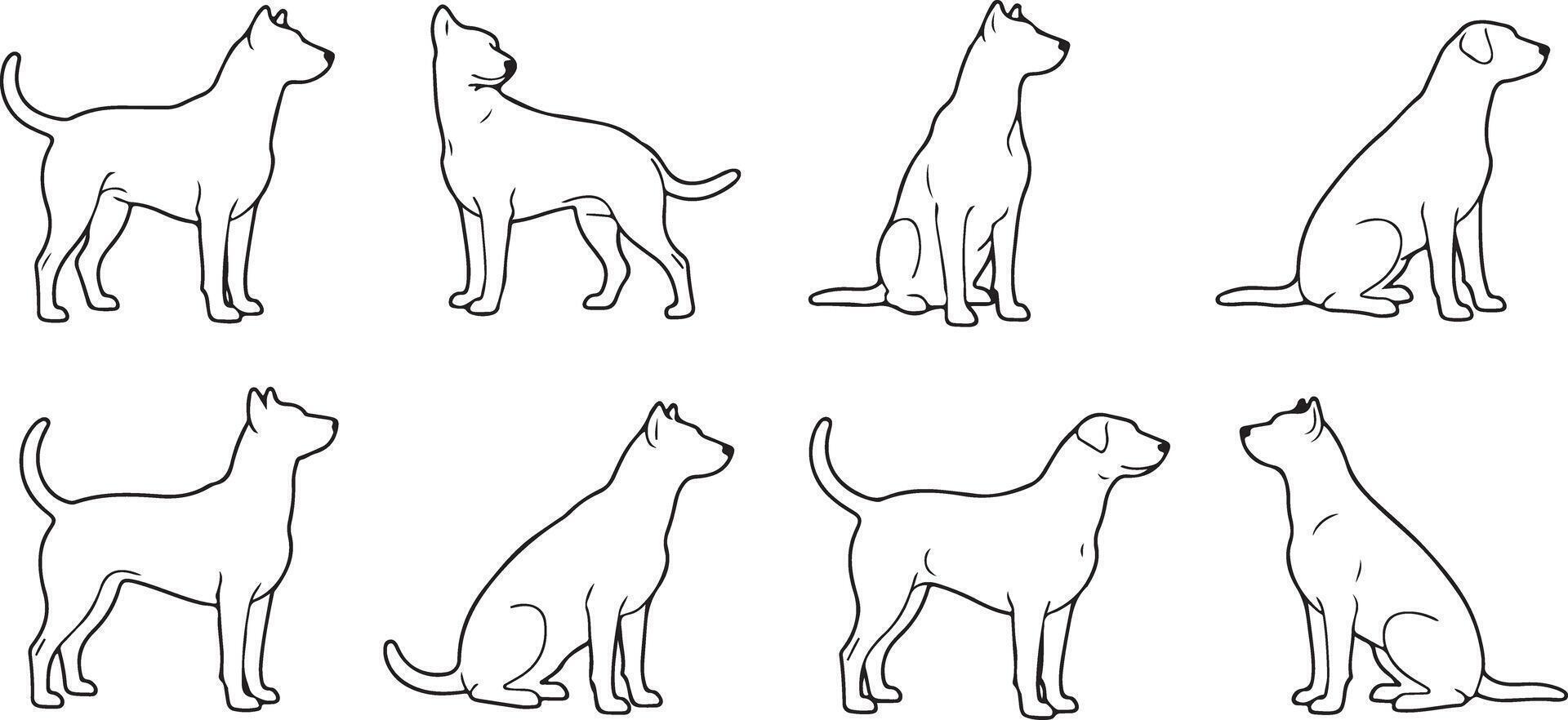 Eight Black and White Line Drawings of Dogs in Various Poses Standing Sitting and Facing Different Directions Simple Canine Illustrations vector
