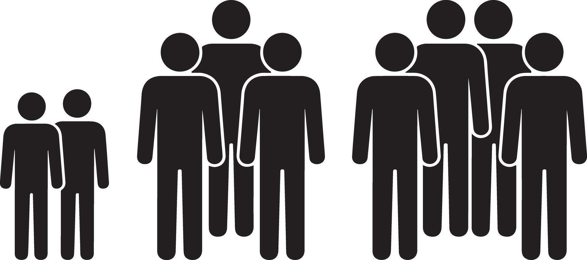 Black Silhouette Traced Figures Showing Group Sizes Two Three Five and Eight People Simple Icon Set vector