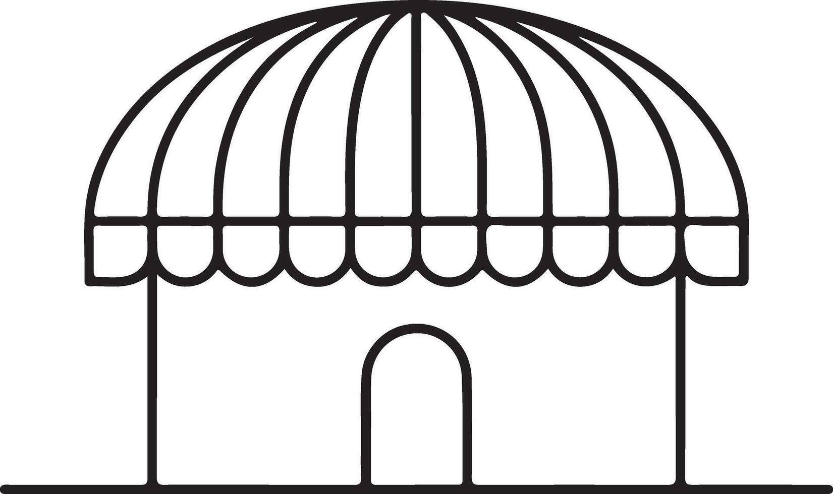 Black and white silhouette traced illustration of a small building with a striped arched awning and a single arched doorway simple line art vector