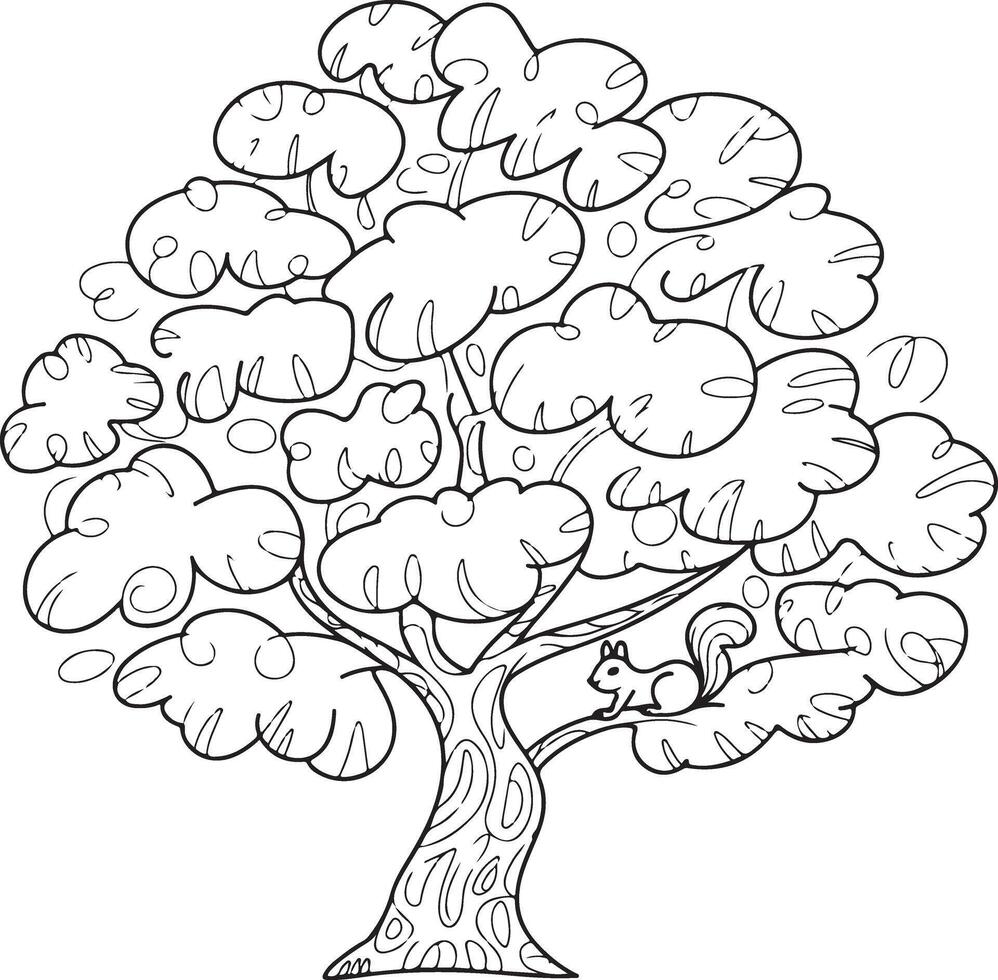 Black and White Line Drawing of a Stylized Tree with a Squirrel Silhouette Traced in the Branches Detailed Foliage and Textured Trunk vector