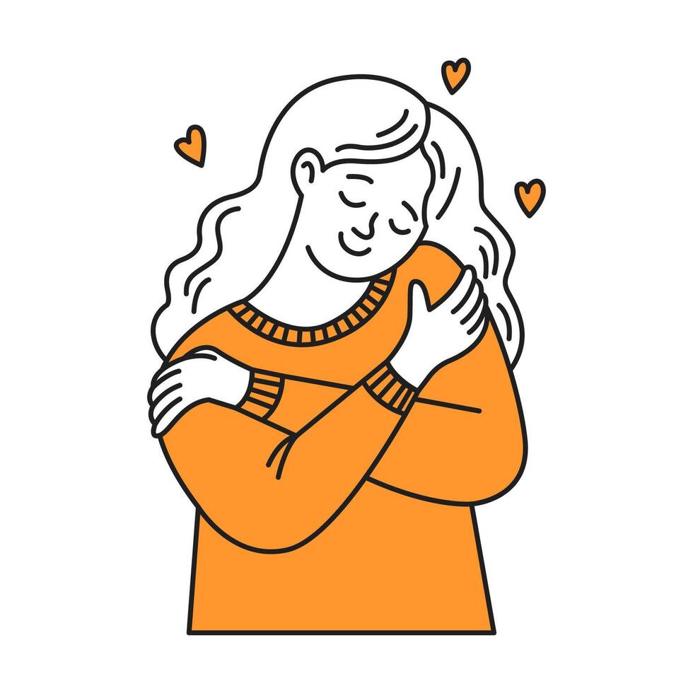 Illustration of a woman in orange embracing herself joyfully. She represents selflove and acceptance with hearts around. Simple lines and vibrant colors enhance the positive emotion. vector