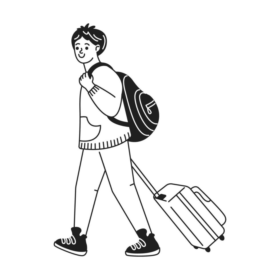 Illustration of a cheerful traveler with a backpack. He pulls a suitcase, exuding joy and excitement. Monochrome style highlights travel aspiration. vector