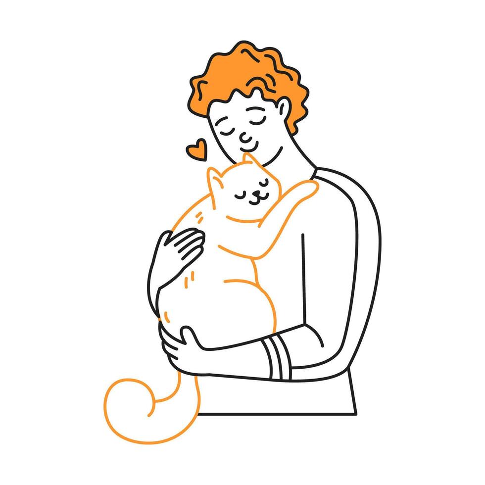 Line art illustration of a smiling person hugging a relaxed cat. Simple design with black and orange outlines on a white background. Represents affection and comfort. vector