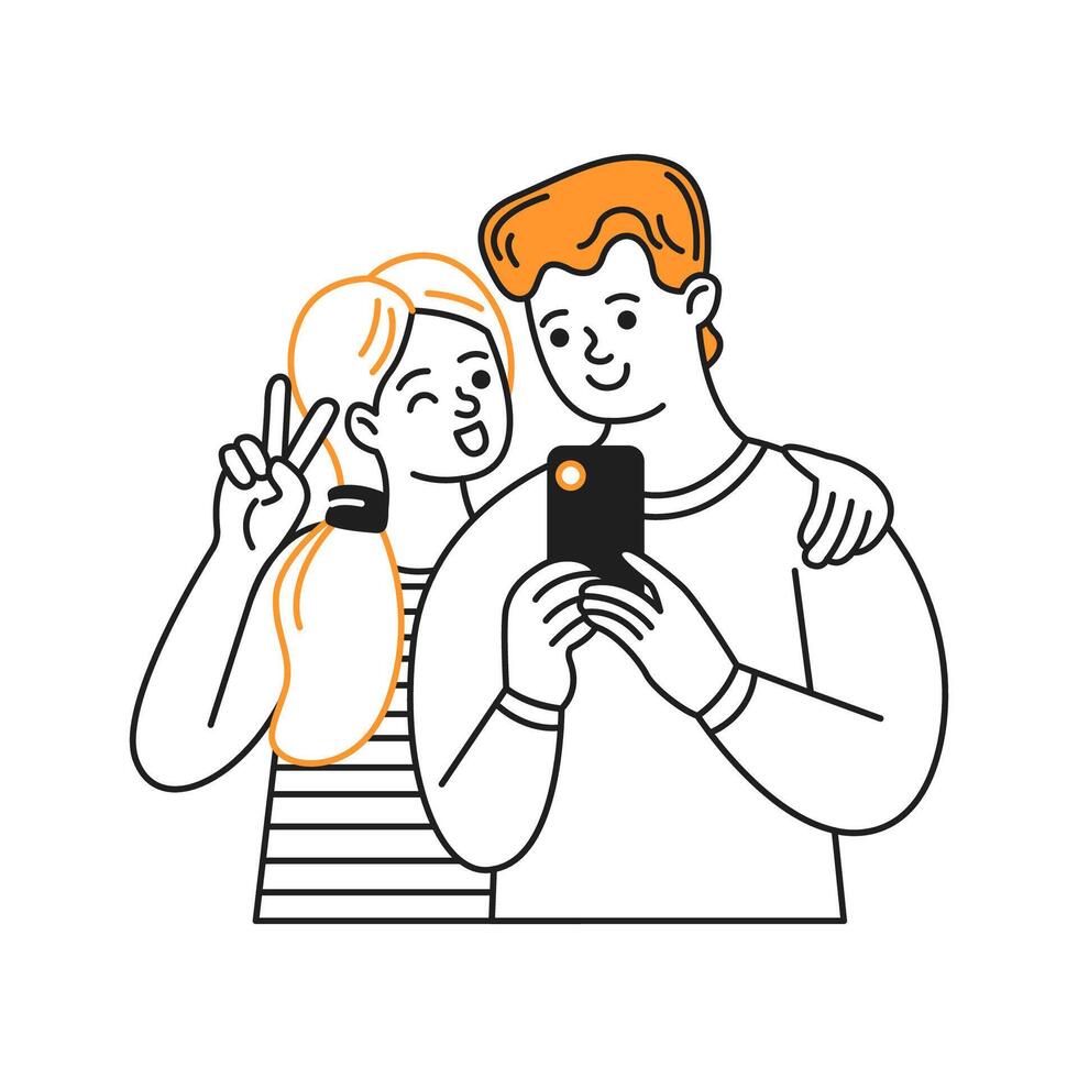 Digital drawing of a cheerful couple taking a selfie with a smartphone. One of them is making a peace sign. The background is simple and white, highlighting their expressions. vector