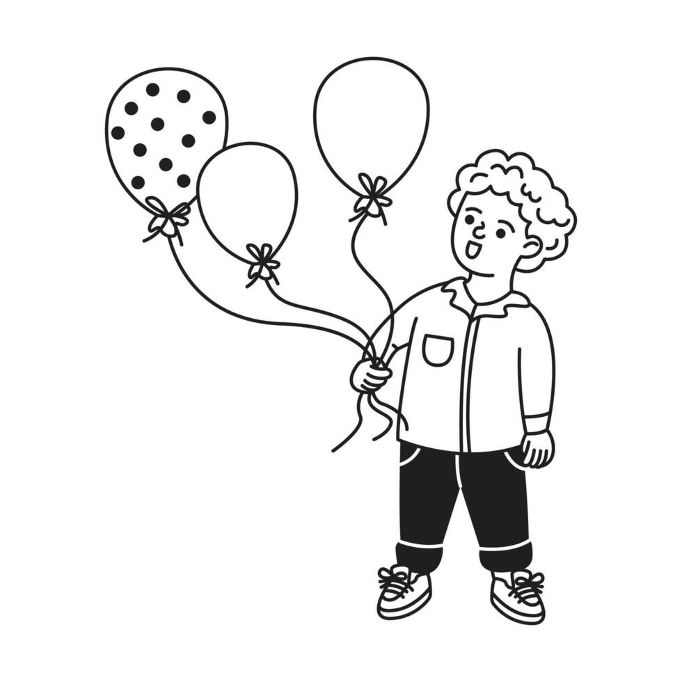 Playful child holding balloons. Black and white illustration. The child is smiling with joyful expression. Balloons add a festive touch. Simplistic line art style. vector