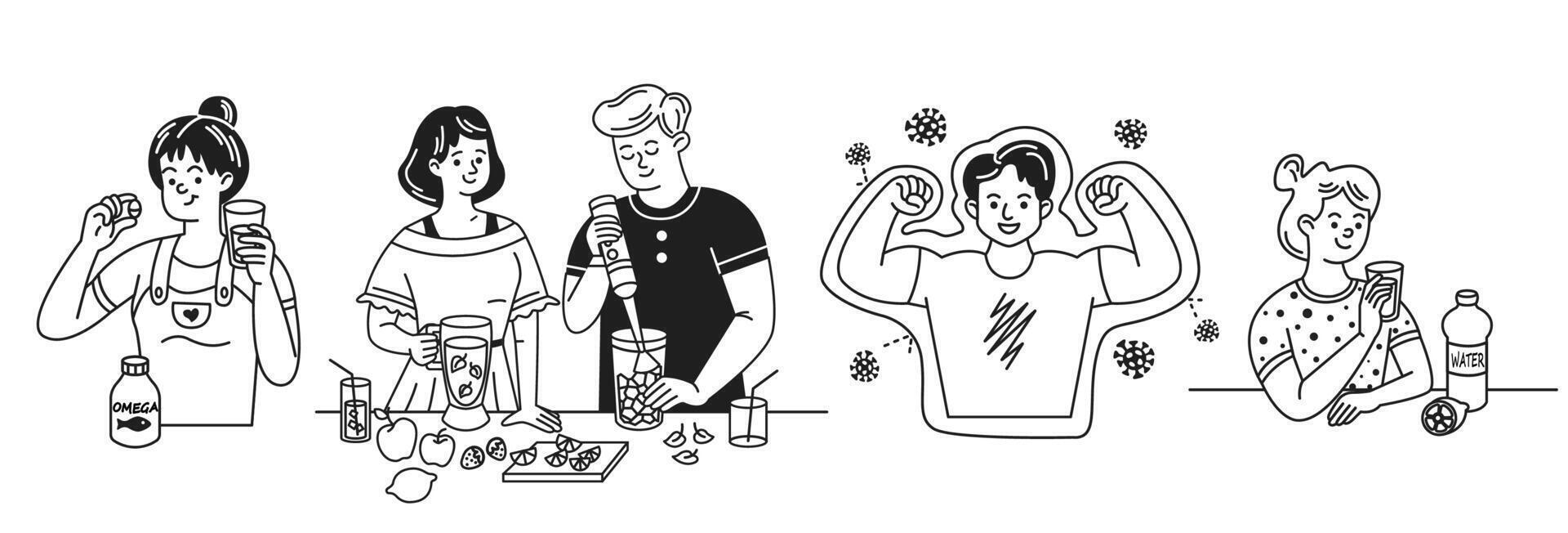 Black and white line art of people engaged in healthy habits. From taking supplements to blending fruits. Highlighting importance of strength and hydration in daily life. vector