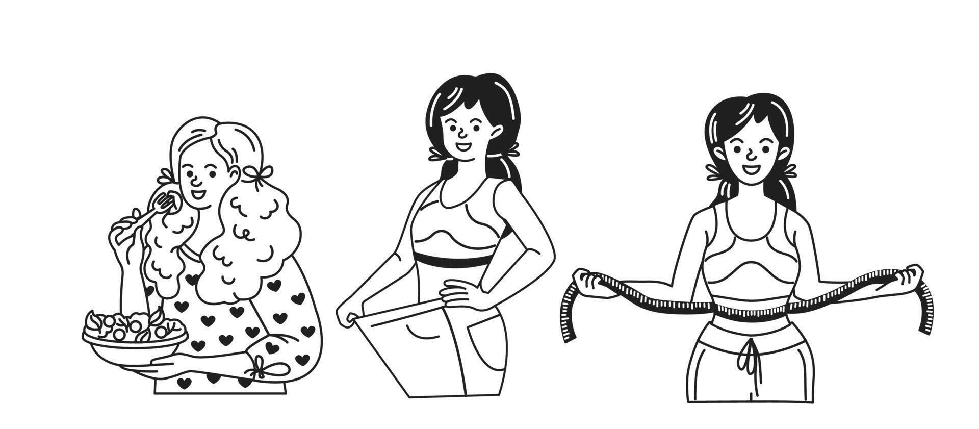 Black and white illustration of three women. One enjoys a salad. Another shows oversized pants. The third holds measuring tape. Represents weight loss and fitness. vector