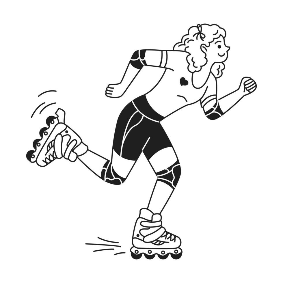 Illustration of a happy person roller skating. Wearing protective gear, they glide swiftly on inline skates. Black and white style represents dynamic movement. vector