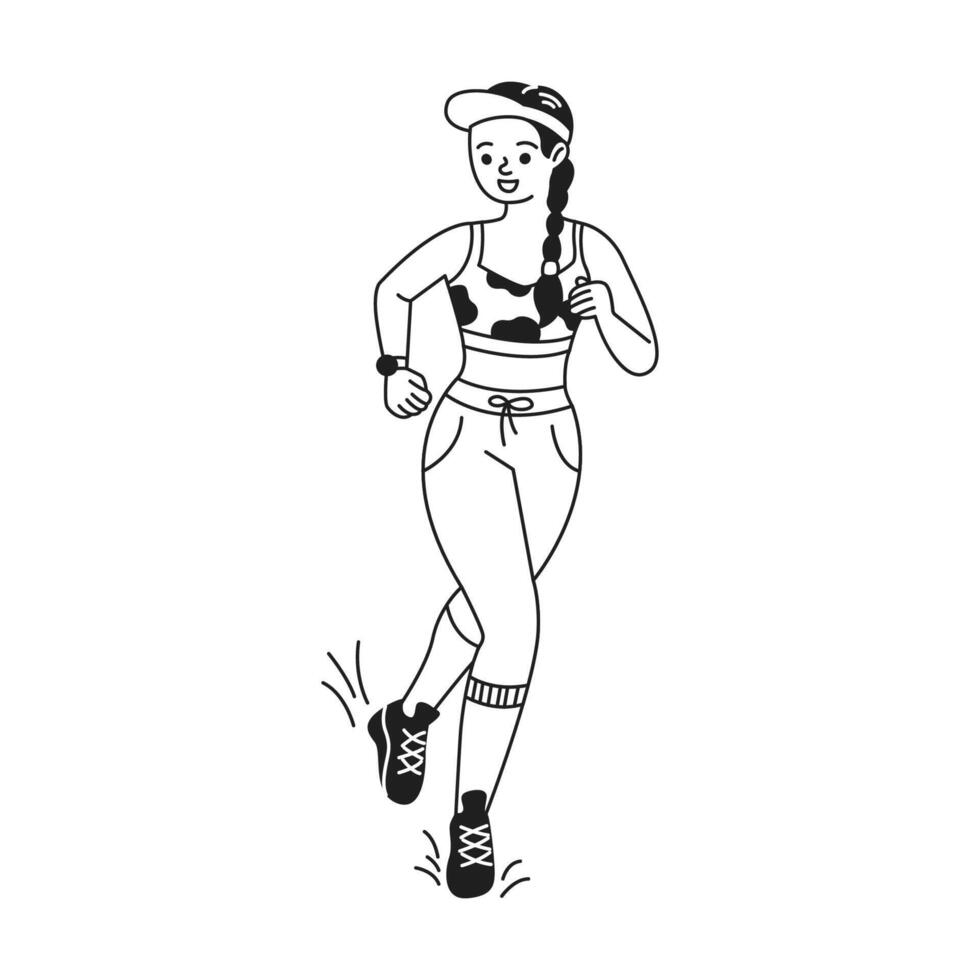 Happy woman jogging in casual sportswear. She wears a cap and a smile. The simple black and white style highlights her active lifestyle. Perfect for fitness themes. vector