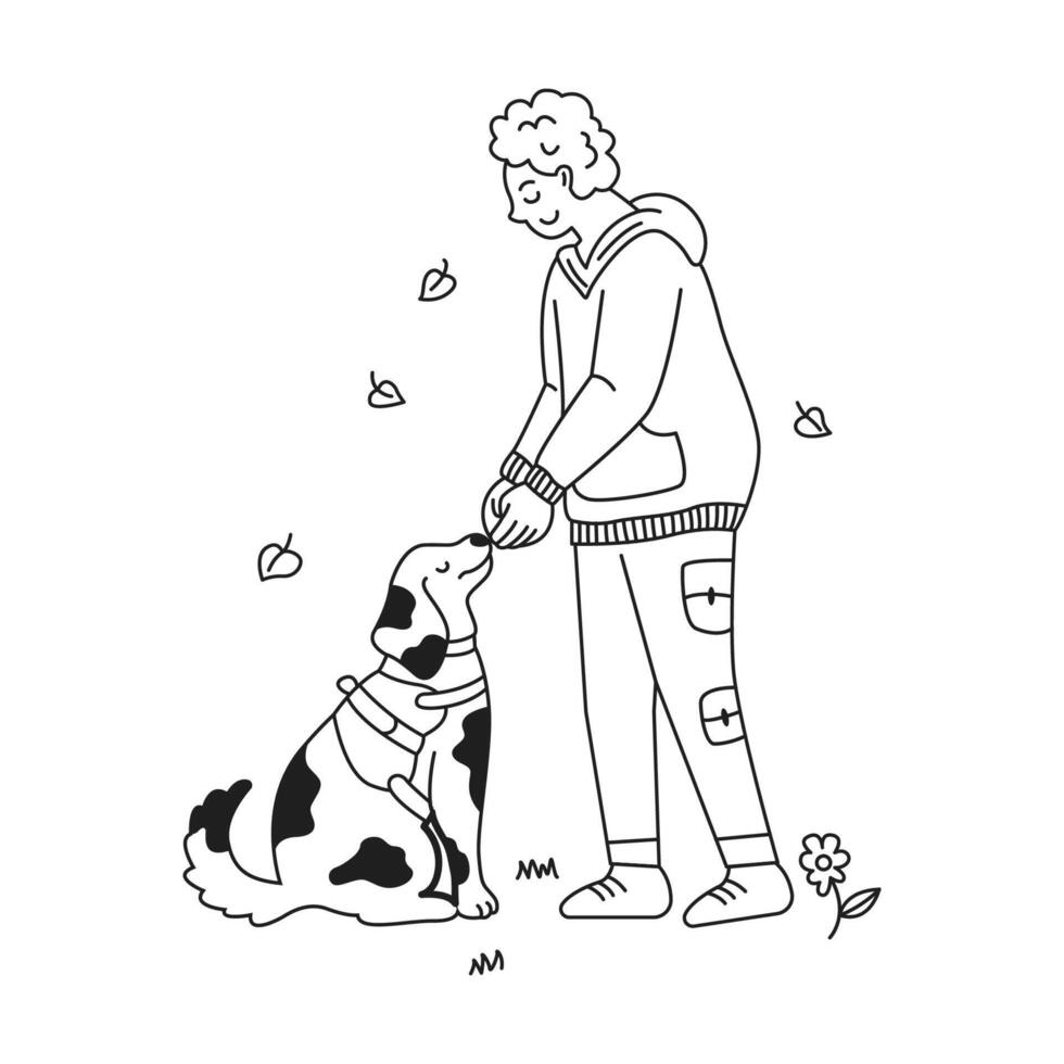 Illustration of a person and dog enjoying a moment outdoors. Happiness and companionship depicted in black and white outline. Autumn leaves scattered around them. vector