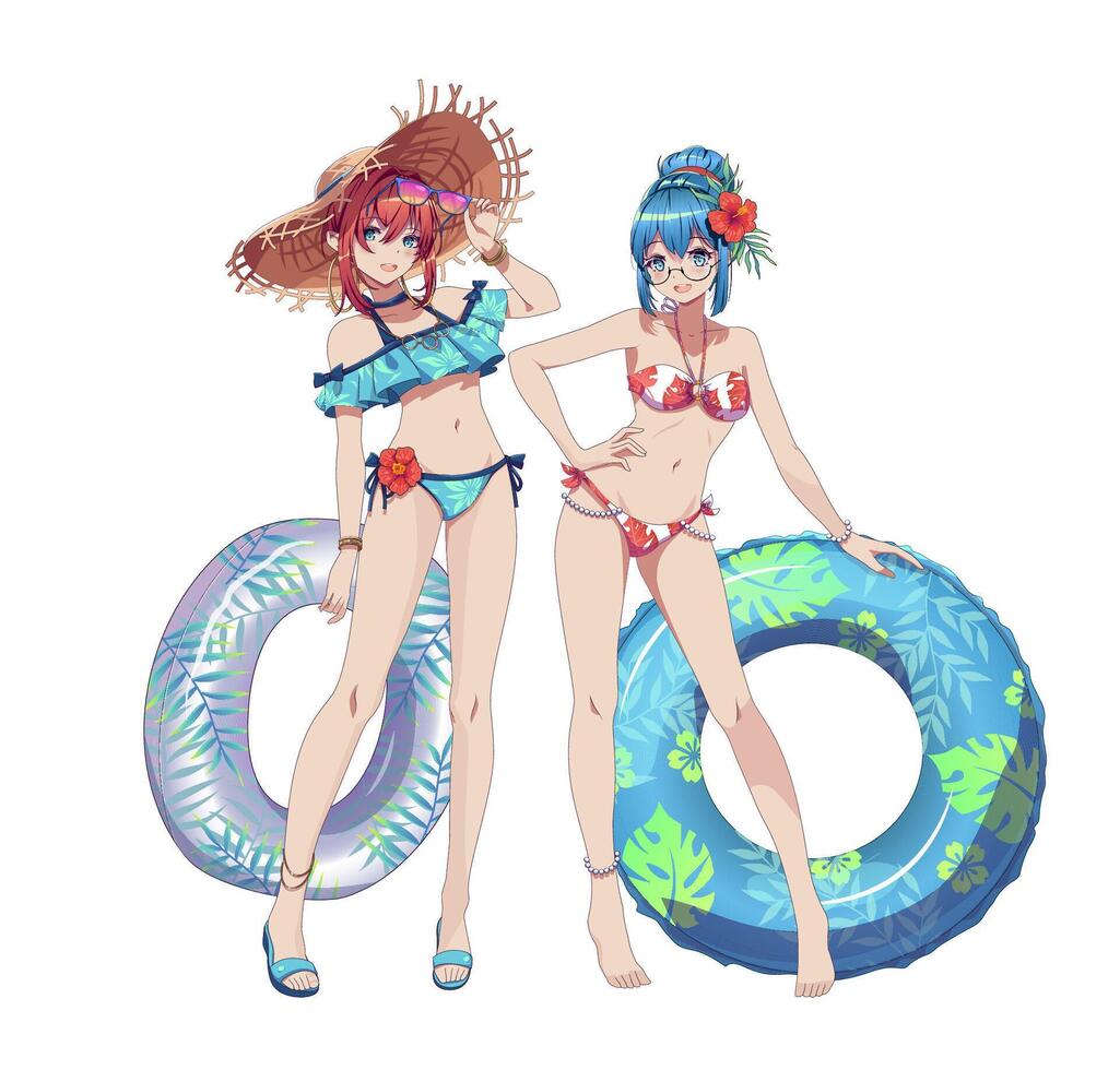 Anime characters in colorful swimwear vector