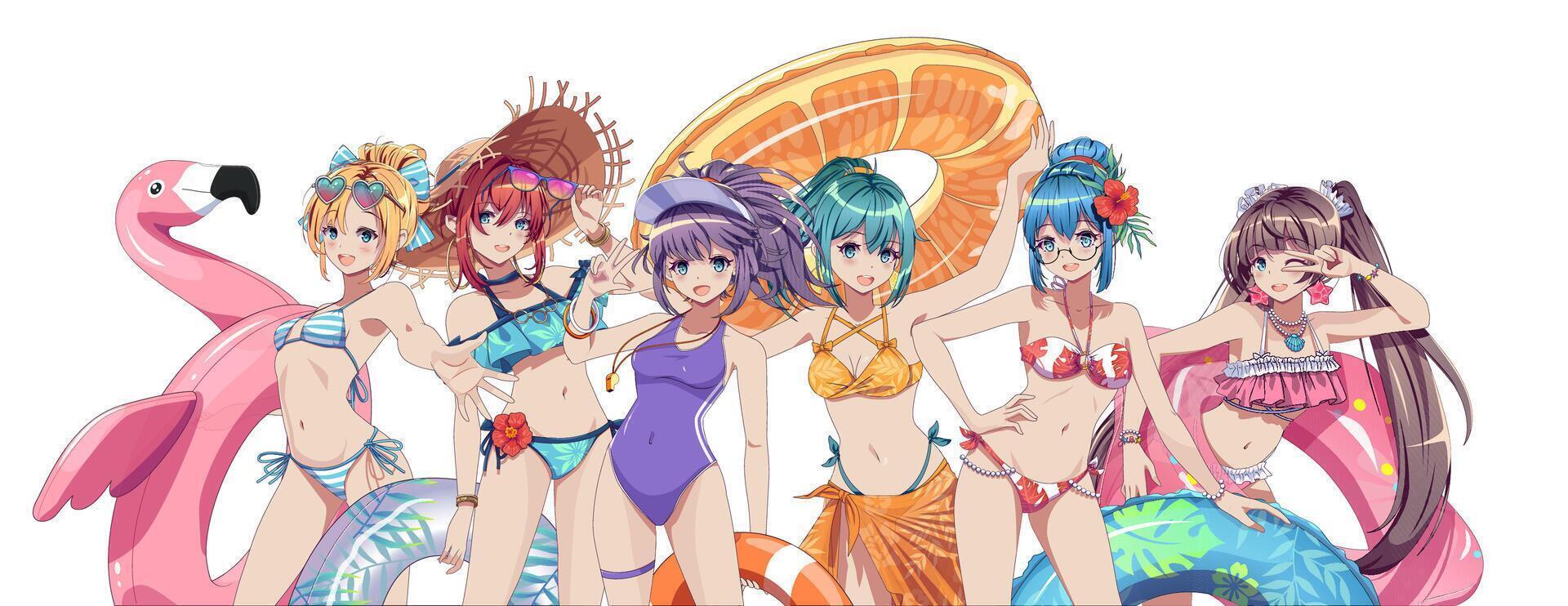 Animated characters at a summer pool party vector