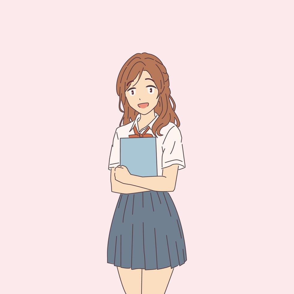 Cute illustration of a smiling anime girl in a school uniform holding a book. Her expression is cheerful and inviting. The background is a solid light pink color. vector