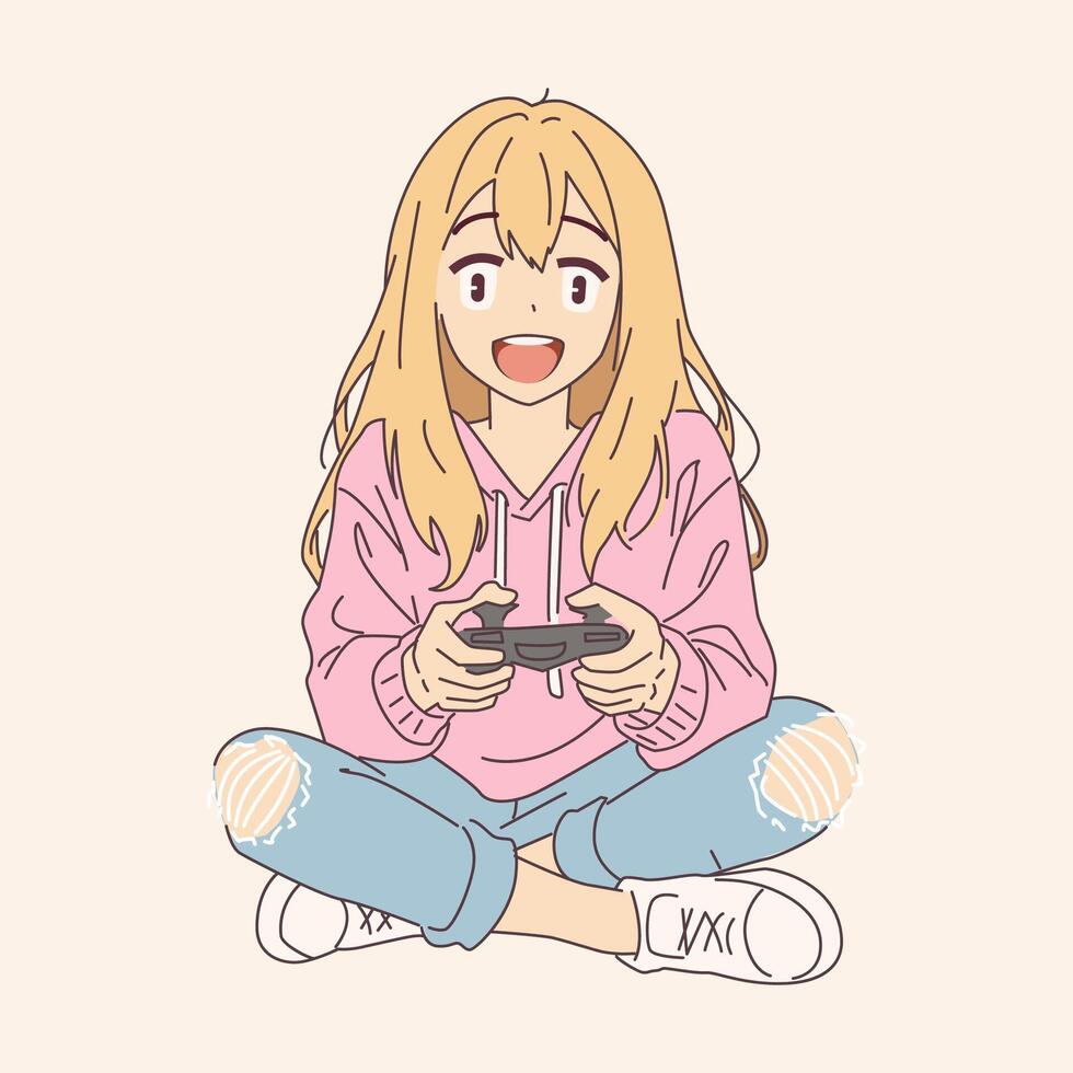 Anime girl with joyful expression playing games. She is wearing casual clothes sitting crosslegged on simple background. Perfect for gaming and youth themes. vector