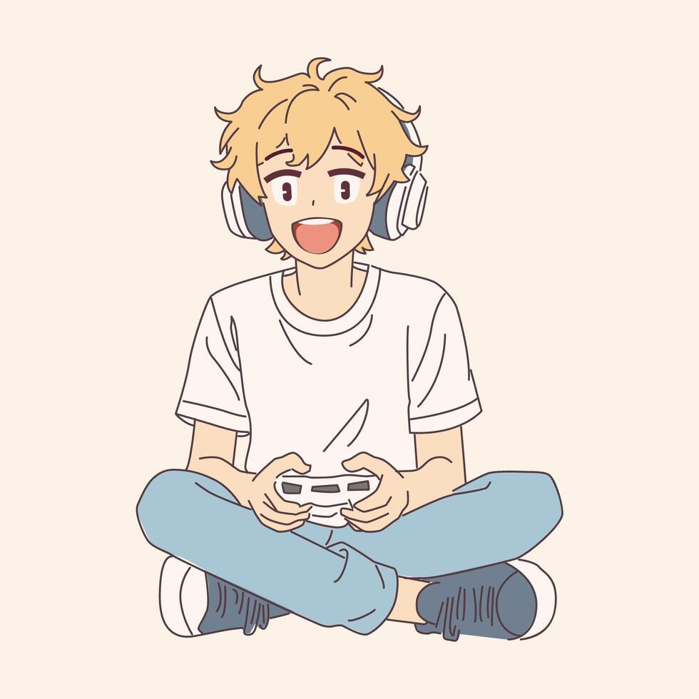 Illustration of a joyful anime boy gaming with headphones. He is holding a controller and sitting crosslegged. The style is clean and colorful on a neutral background. vector