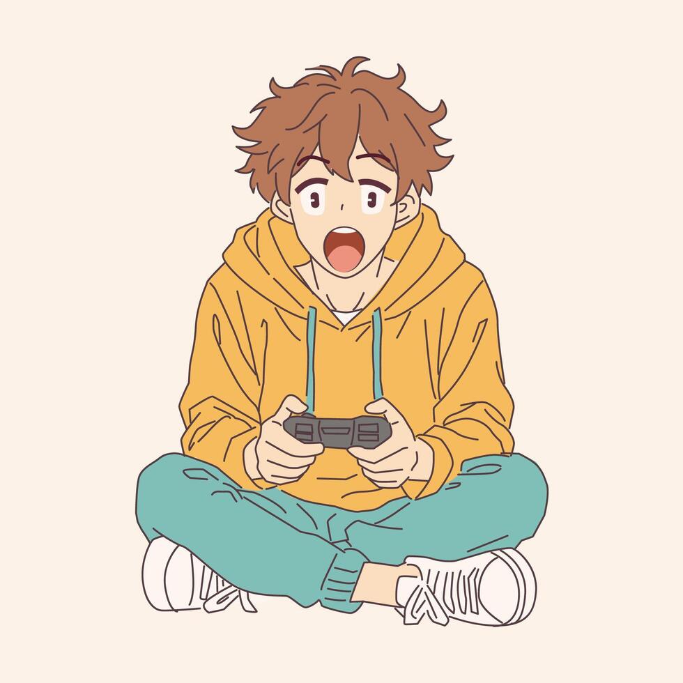 Anime boy showing excitement while playing game. Seated with controller and open mouth. Yellow hoodie and teal pants. Bright and engaging cartoon illustration. vector
