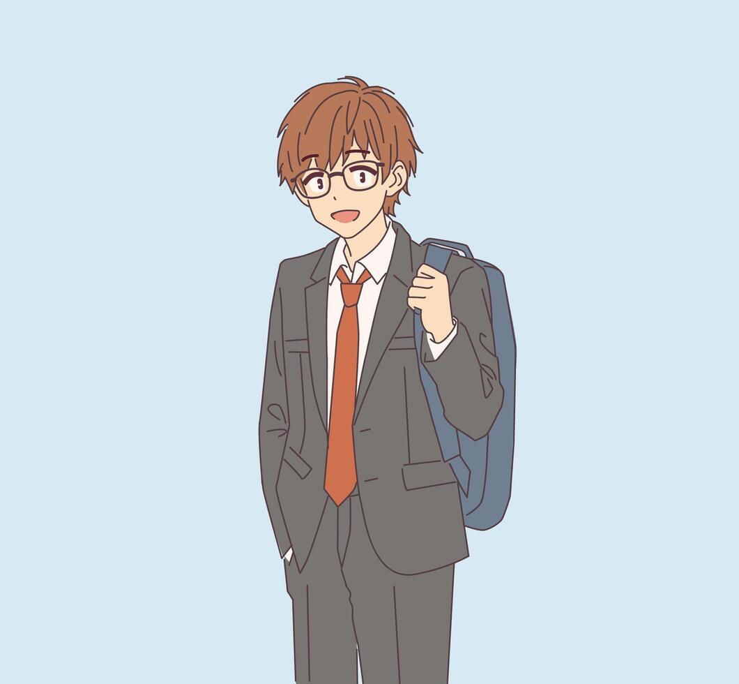 Anime style illustration of a young male student with glasses smiling confidently while wearing a formal suit and holding a backpack on pale blue background. vector
