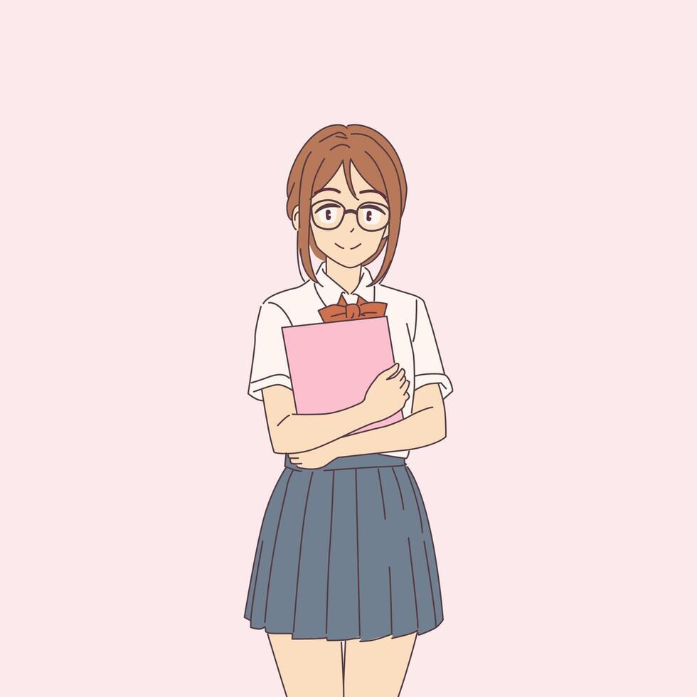 Illustration of a cheerful anime girl in a school uniform holding folders. Background is simple and pink, giving a soft and friendly vibe. vector