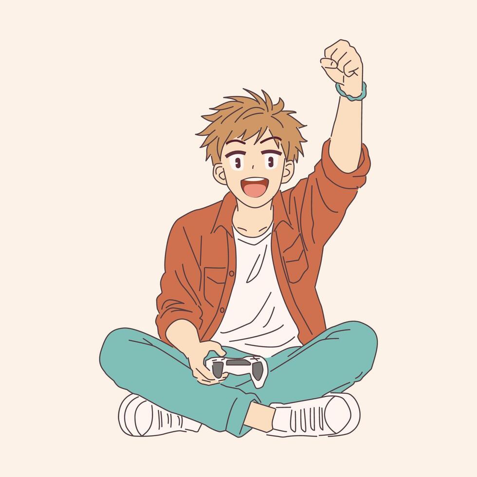 Anime style illustration of a young happy male raising his fist in victory. He is sitting crosslegged, holding a game controller. Light neutral background. vector