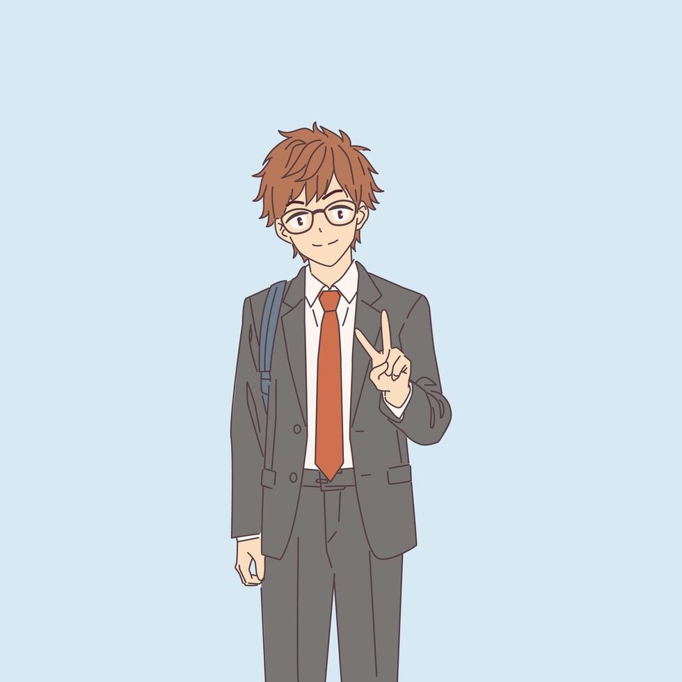 Animestyle illustration of a young man with glasses wearing a suit and tie. He shows a peace sign while standing against a light blue background. His expression is cheerful. vector
