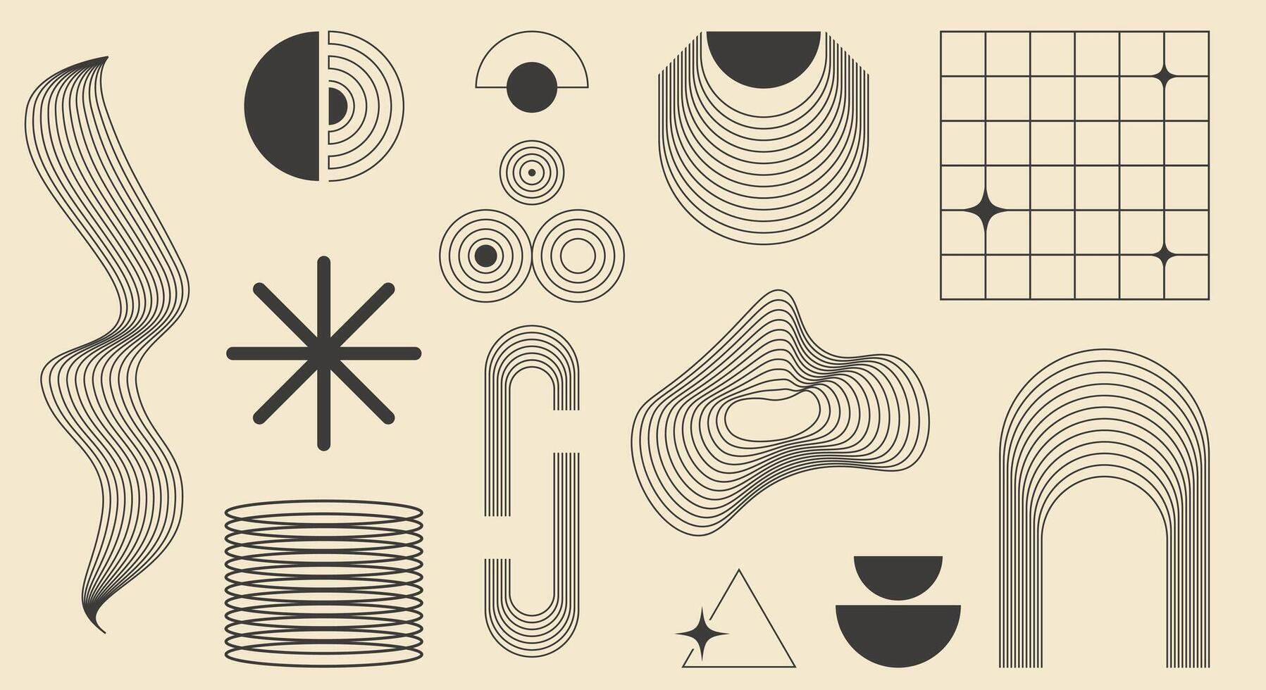 Mid century inspired abstract set featuring minimal geometric shapes and linear art. Modern aesthetic design perfect for wall decor, prints, or interior styling. vector