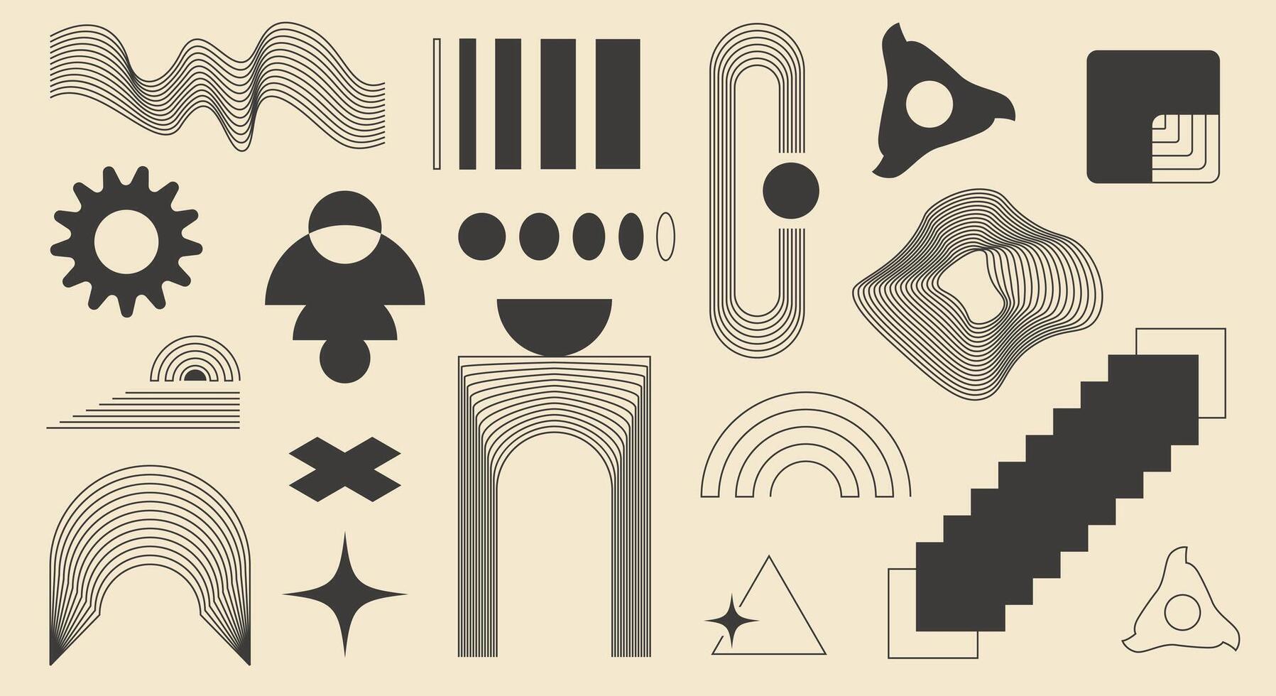 Contemporary abstract elements in a minimal mid century style. Monochrome geometric forms and striped line art ideal for wall art, decoration, or wallpaper design. vector