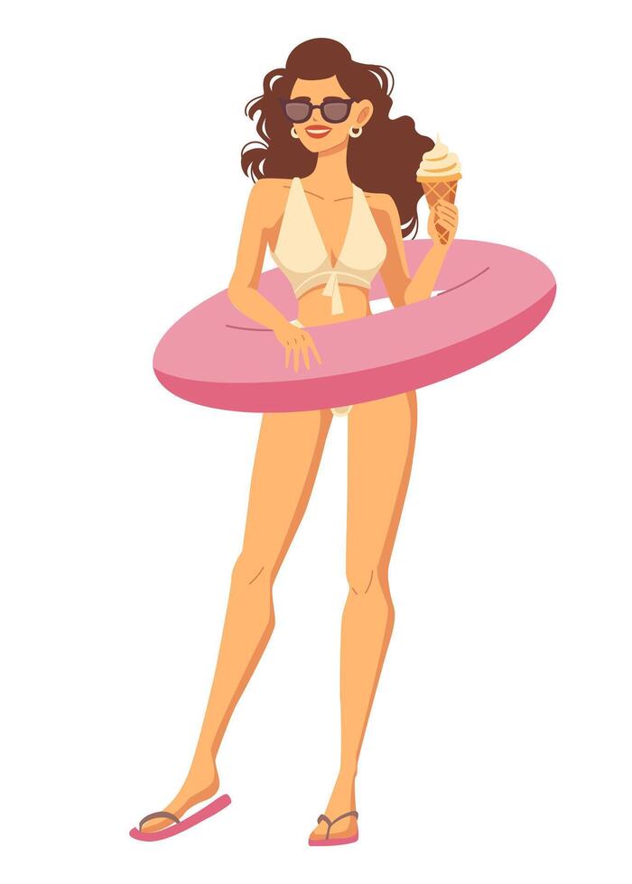 Woman with ice cream in flotation ring vector