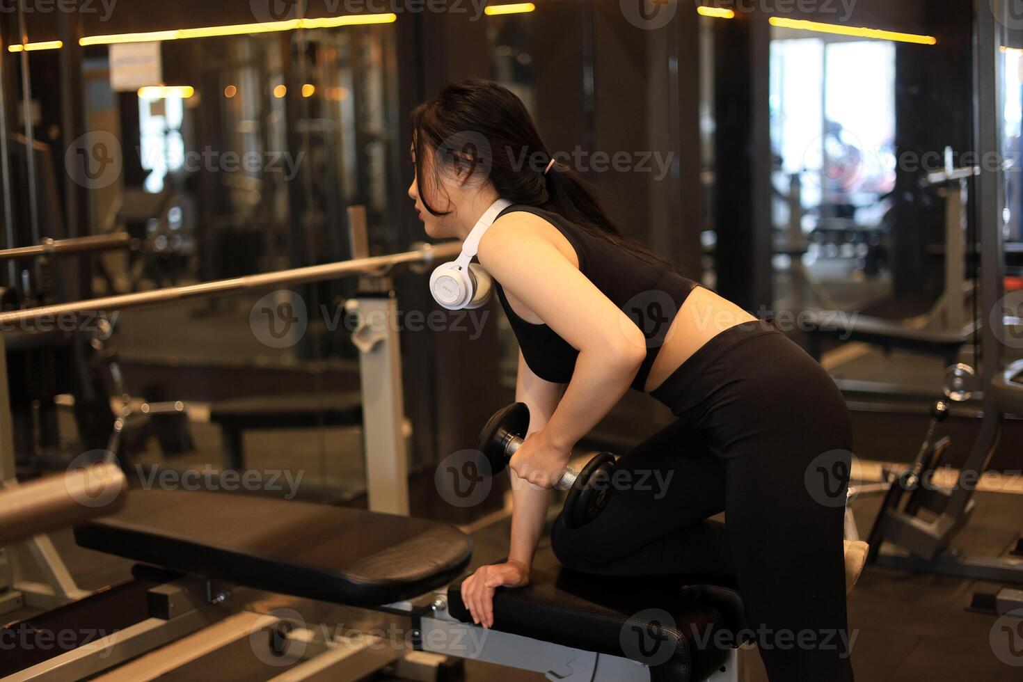 Young Woman Lifting Dumbbell in the Gym photo