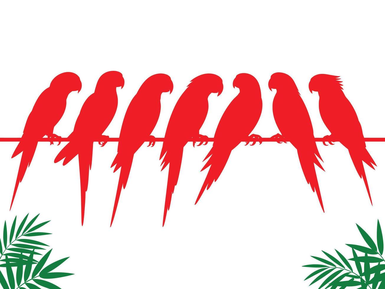 Set of parrot bird silhouettes on branch, tropical exotic macaw bird collection vector