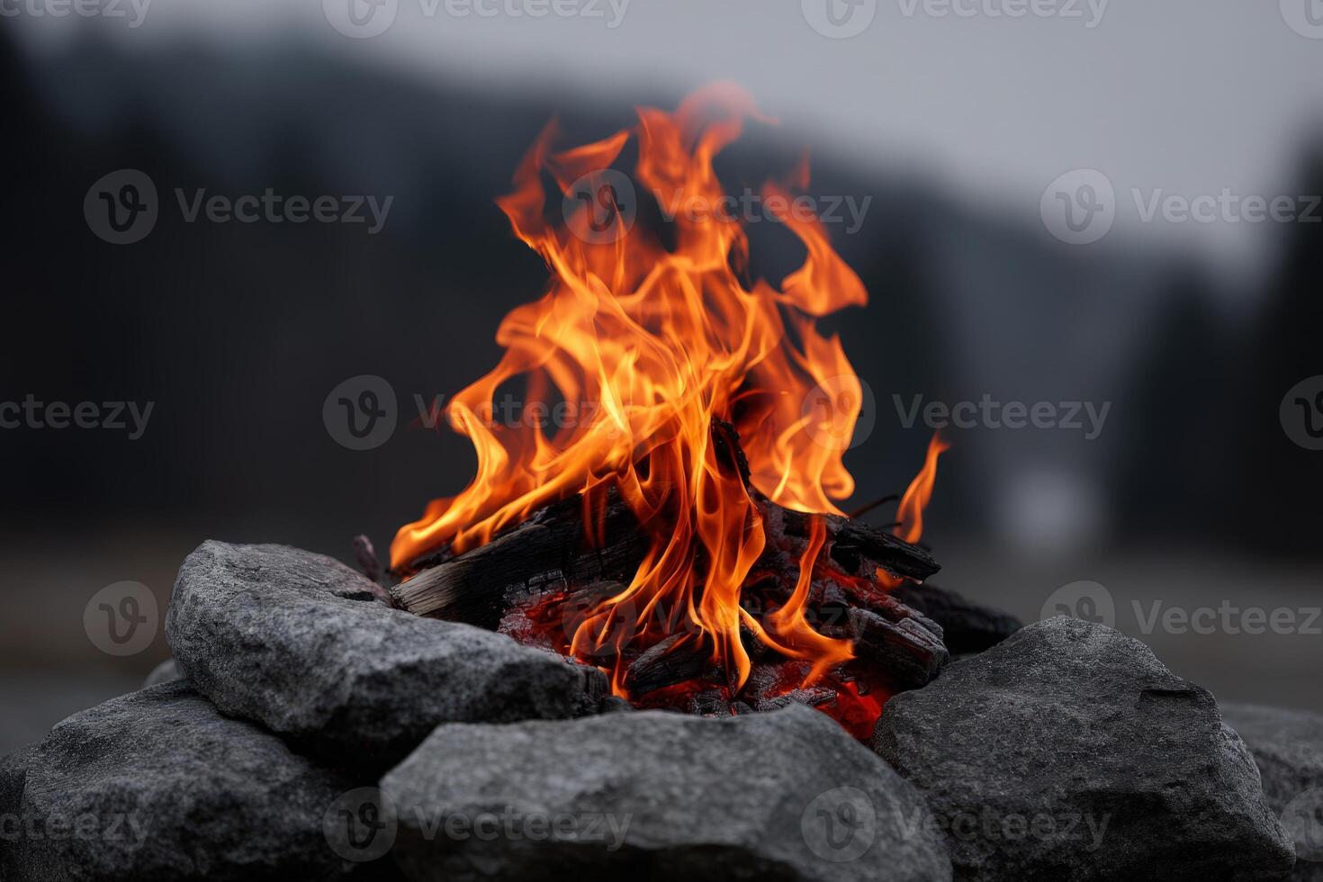 Flames light up the dark by the stone firepit photo