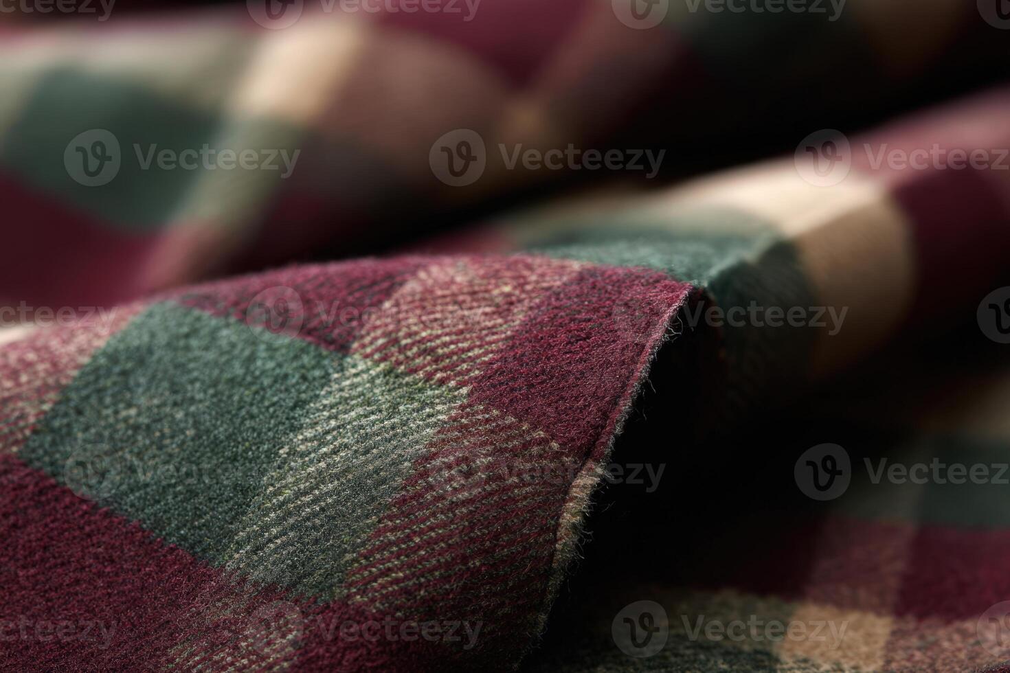 Woolen tartan fabric with rich detailed patterns close up photo